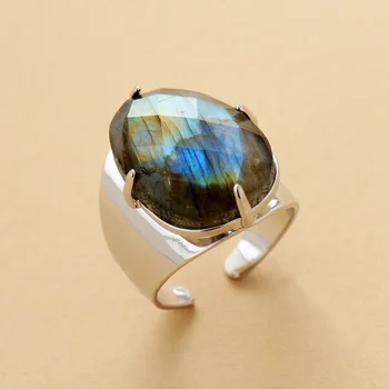Висококачествени пръстени с естествен камък, бижута, Лабрадорит, Луксозно Коктейл пръстен за партита, Размер 7