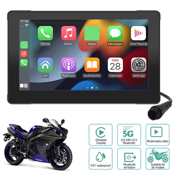 7-инчов Мотоциклет HD-дисплей GPS Навигация с Вграден Carplay/Android Auto WIFI/БТ Link Безжичен GPS, Сензорен Екран, Водоустойчив IPX7