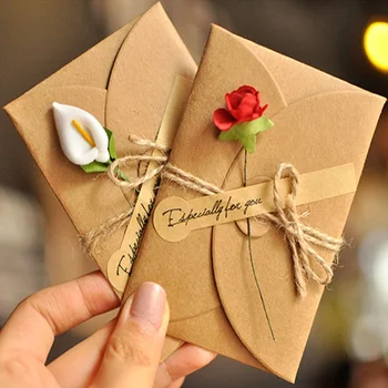 1 бр. Ретро-поздравителна картичка с фалшиви цвете с плик направи си сам от Крафт-хартия, Пликове за покани за Деня на Свети Валентин, сватба.