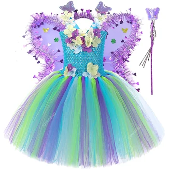 Костюми на цветя феите за момичета, пакет за рожден ден, детско маскарадное облечи за Хелоуин с крила на пеперуда, костюм на принцеса за момиченца