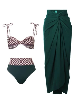 Бикини с флорални принтом и висока талия 2023, Модерен дамски бански, лято бански костюм на тънки спагети презрамки и плажен стил с покритие