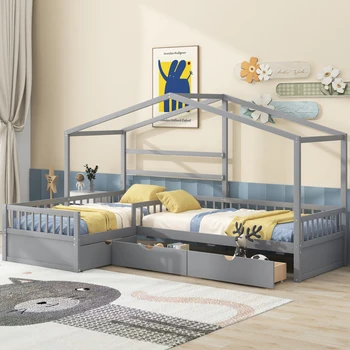 Легло Twin Size, Г-образна Легло на платформа, Легло Twin Size под формата на покрива на Къщата на платформа с три чекмеджета за съхранение, Детска спалня, Сив
