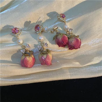 Ретро обици с естествена Вечно Цвете, Нишевый дизайн, което означава, че Сладководни перли За жени с дълги обеци-бижута