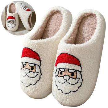 Домашни пантофи с пухкави Дядо Коледа, уютни плюшени чехли със затворени пръсти, домашни обувки без обков от мультяшного плюшени, сладък за зимна употреба на закрито