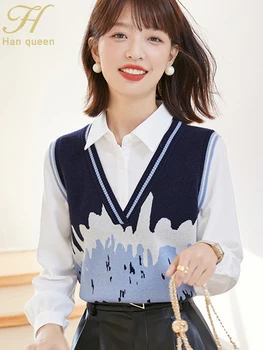 H Han Queen 2023 Есенни Основни ризи, Дамски блузи Корейски Реколта Ежедневни блузи с Цветни графити, Вязаная Лоскутная риза