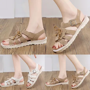 Модни летни дамски сандали с дебела подметка, плоски обикновен Римски дамски сандали с възел и ключалката, размер 12