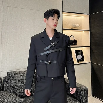 Мода 2023, Корейската пролет, Новият мъжки асиметричен бандажный сако, мъжки къси блейзери с ревери, тенденция Мъжки дрехи