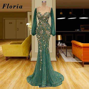 Вечерни рокли Floria Muslim с зелени кристали и мъниста 2022, рокли за бала в Дубай по поръчка, Луксозно премяна Vestidos De Gala