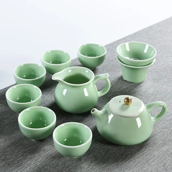 Керамични домакински чай кунг-фу, гърне със странична дръжка цвят на морска вълна, однотонная чаена чаша, японската чаша за правосъдието, чай и прибори за 6-ма души