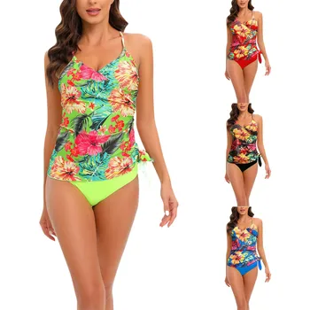 Дамска лятна и плажна мода с флорални принтом под формата на отделни листа, модерни двойни бански костюми, рокли, през цялата бански, мъжки къси панталони