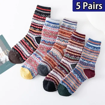 5 Чифта зимни дебели топли чорапи, мъжки термоноски от домакинството е заек вълна, модерен ретро Удобни ежедневни чорапи за сън със защита от миризмата.