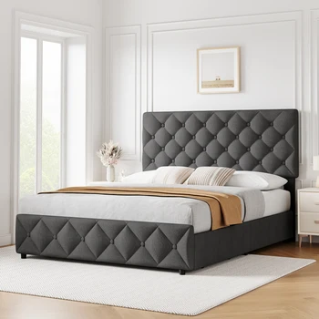Рамка на легло пълно / роял / royal размер с 4 чекмеджета за съхранение и таблата, рамка на легло-платформа с ленена тапицерия, зависимостта от дървени талпи,