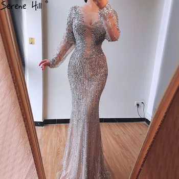 Вечерни рокли на Русалка с кръгло деколте от сребро Дубай, дизайн 2021 Луксозна вечерна рокля с дълги ръкави, расшитое пайети, GLA70249