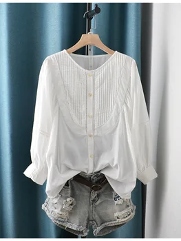 4 цвята - Френска романтична в памучна риза в сгъвката с дълъг ръкав, блуза, лятото на 2022