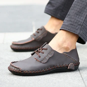 Мъжка кожена ежедневни обувки 2023, лятна новост, мъжки обувки за шофиране дантела с ниско берцем, Дишаща Мъжки обувки за ходене без шнур, мека подметка,