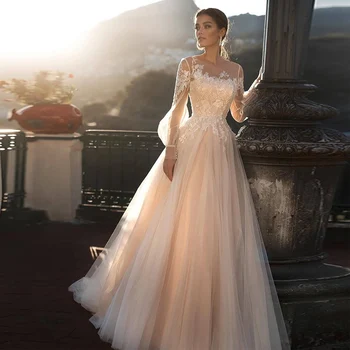 Сватбена рокля трапецовидна форма Verngo Елегантни светло розови сватбени рокли Елегантна булката рокля с дълги ръкави Vestidos De Noiva