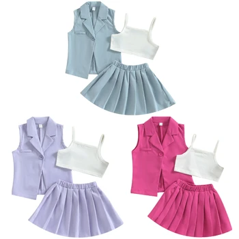 Модни летни детски дрехи за момиченца от 3 до 7 години, жилетка без ръкави с открити рамене + жилетка копчета + плиссированная пола, облекло