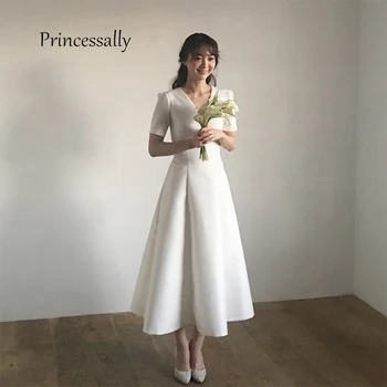 Ново просто сватбена рокля от сатен чаена дължина С къс ръкав трапецовидна форма и V-образно деколте Robe De Mariee Trouwjurk Vestido Noiva, Китай