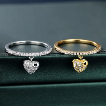 Красиви пръстени с отложено във формата на сърце За жените, Сребро, Злато, Цвят Бял, Годежни пръстени с цирконием, Вложки, Фин пръстен на пръста си, за подарък, за партита