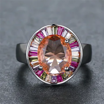 Луксозно Дамско пръстен с голям розови камък, Класически Годежен пръстен е сребърен цвят, Елегантни брачни халки с цирконием за жени