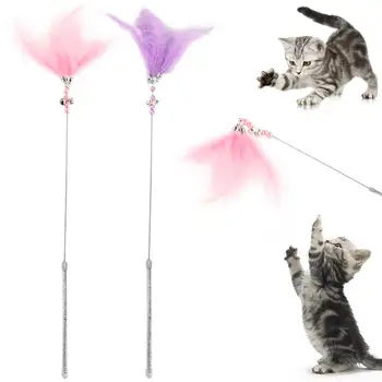 Забавна интерактивна играчка, Нова Страхотна Домашна котка Коте Камбанка от пера, мъниста-закачка, детска пръчка, устойчив на укусам, Розово-лилаво