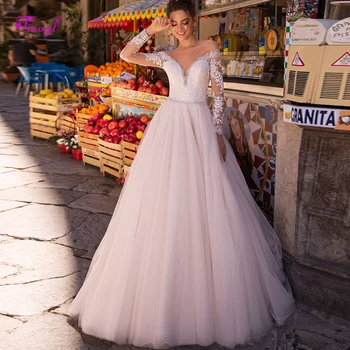 Fsuzwel Елегантна сватбена рокля трапецовидна форма, с дълги ръкави и аппликацией 2020, сватбената рокля на принцеса с кръгло деколте и копчета, расшитое мъниста, Vestido de Noiva