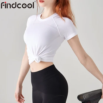 Дамски спортни ризи Findcool с къс ръкав, блузи с кръгло деколте за практикуване на йога и джогинг Dry Fit tee shirt