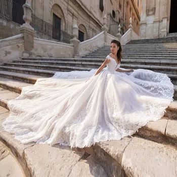 Сватбени рокли от тюл, бална рокля сватбена рокля с открити рамене, луксозни Vestidos De Новия апликации от мъниста, Hochzeitskleid