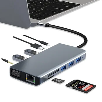 12 В 1 USB Type C Hub-адаптер USB3.0 VGA, RJ-45 SD TF PD за MacBook 4K HD 100W PD Бързо Зарядно устройство 1000 Mbps Ethernet за MacBook