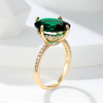 Луксозно дамско очарователен пръстен с голям зелен кристал, пръстен от жълто злато, За жени, годежен пръстен, с овални камъни, бижута