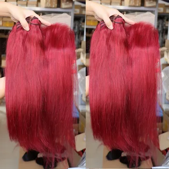 Търговия на едро Бразилски Снопове от Човешки Косъм Богородица с Фронтален Затваряне на Дантела 13x4 Deal Burg Red Color Straight Реми Hair Weaving