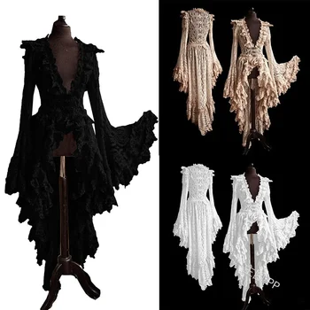 Женствена рокля за cosplay размер плюс S-5XL в готически стил, асиметрично облечи за Хелоуин, ретро Ретро монофонични завързана средновековен жилетка за cosplay