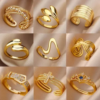 48 Стилни женски пръстени от неръждаема стомана Златист цвят, выдалбливающее геометрично отворен пръстен за подарък бижута на пръст на момичето