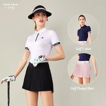Женска тениска Love Golf от ледената коприна с къси ръкави, бързосъхнеща тънка тениска-с къси ръкави за момичета, нагънат, комплекти от прагове за голф с висока талия