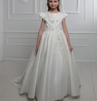 Нова бяла рокля за Първо причастие за момичета, фатиновое, атласное, трапециевидное, сватбената рокля на принцеса с цветя модел за момичета, детски размер от 1 до 14 години