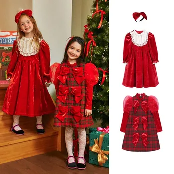 Есенно-зимния ново Червено бархатное дантелено рокля за момичета 2024, Коледни Червена рокля в клетката в стил Лолита, рокля на принцеса с лък, дрехи