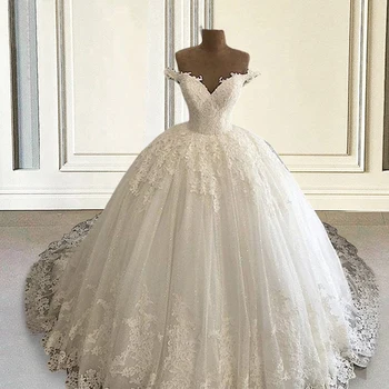 Булчинска рокля с открити рамене, пищни бална рокля 2022, Блестяща рокля на булката дантела отзад, расшитое мъниста, сватбени рокли за младоженци