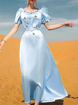 Жена дебнещ вечерна макси-дълга рокля с цепка, лейси дама 2023, Темперамент, къс ръкав, кръгъл отвор с рюшами, Елегантен и луксозен Модерен