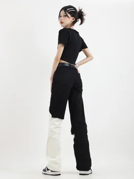Американският нов модерен дизайн, черно-бели дънки с отстрочкой, дамски летни новости, прави панталони с висока талия, tide