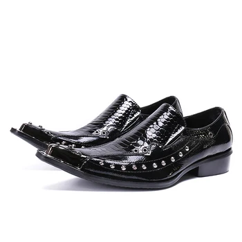 sapato social masculino/ черни обувки-oxfords от лакирана естествена кожа, с метална бомбе за мъже, сватбени и вечерни лоферы с шипове и нитове
