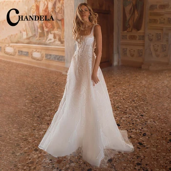 Класически булчински рокли CHANDELA с квадратна яка Трапециевидные апликация Тюл Гънка на цип отзад На поръчка Vestido De Casamento