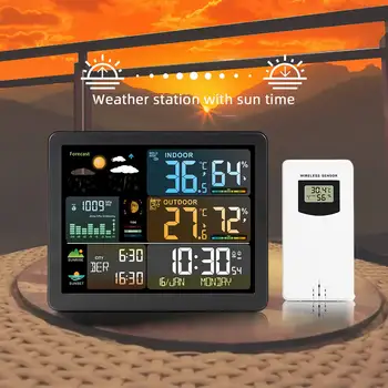 Многофункционална метеорологичната станция Будилник и Термометър, Влагомер Безжичен сензор за изгрев и залез на слънцето Гигротермограф