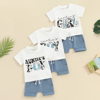 Citgeett/ Летни дрехи за новородени момчета и момичета, потници и къси панталони с къси ръкави и писмото принтом, комплект дрехи