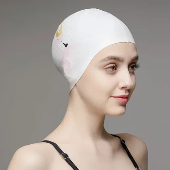Высокоэластичные плувни шапки за възрастни, Сладки мультяшные Силиконови плувни шапки за момичета за водни спортове, които предпазват дълга коса, Уши, Голяма шапка за гмуркане