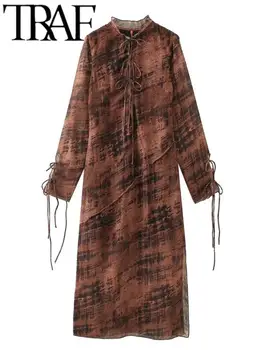 Дамско модно рокля миди от ТРАФИКА на ФЕНОВЕТЕ, ежедневни тънки рокли дантела с дълъг ръкав и цип отзад, Vestidos, есен 2024 г.