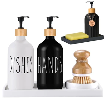 Опаковка сапун за кухненски мивки, бутилка за сапун за миене на съдове и ръце, бамбук помпа, захранващи сапун за декор на кухня
