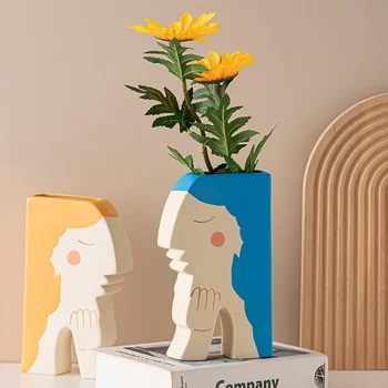 Скандинавска креативна ръчно рисувани лица, Керамични вази за сухи цветя, контейнер за цветя в хола, украса за дома.