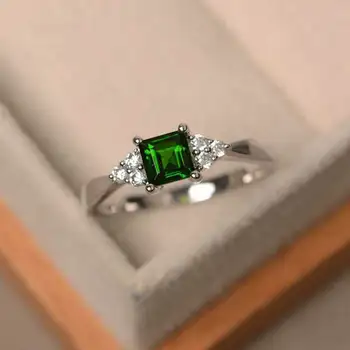 Квадратни пръстени с малки зелени камъни диаманти Princess За жени, годежни пръстени с цирконием сребрист цвят, лесна за полагане, фини пръстени за партита, бижута