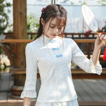 Дамски дрехи в китайски стил 2020, Дантелени блузи, ризи, костюми Тан, Традиционна блуза Ципао Чонсам за дами, дамски дрехи 11126