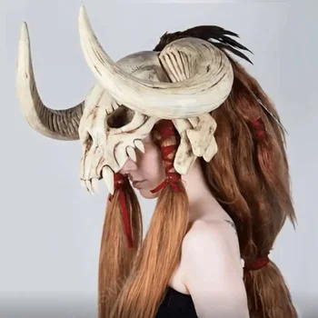 Маска с черепа под формата на волска кожа на главата, маска с рога страшно животно, маска на ужасите, Хелоуин, маскарад, карнавал, cosplay, подпори за костюмированной партита